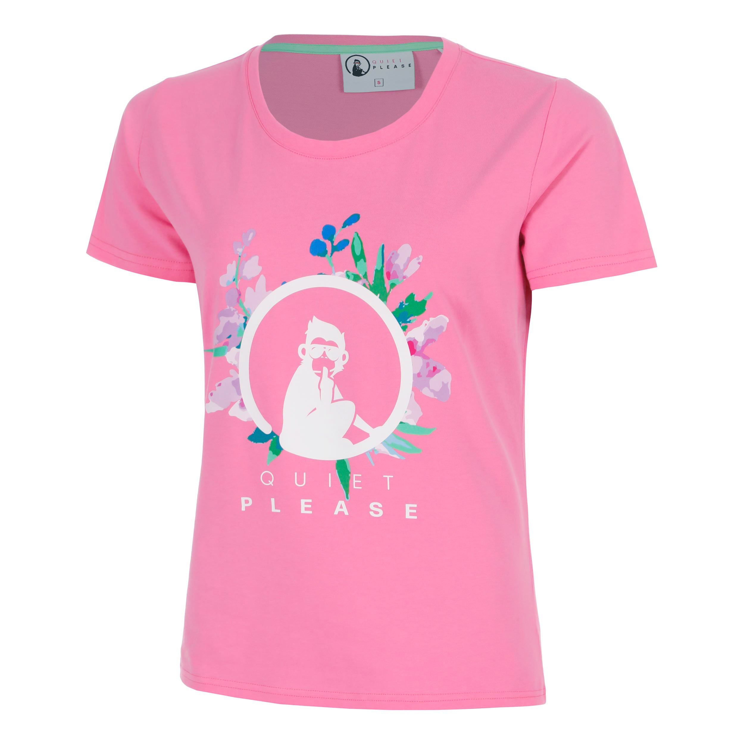 Quiet Please Joy Flower Logo Camiseta de manga corta Mujeres-rosa, blanco
